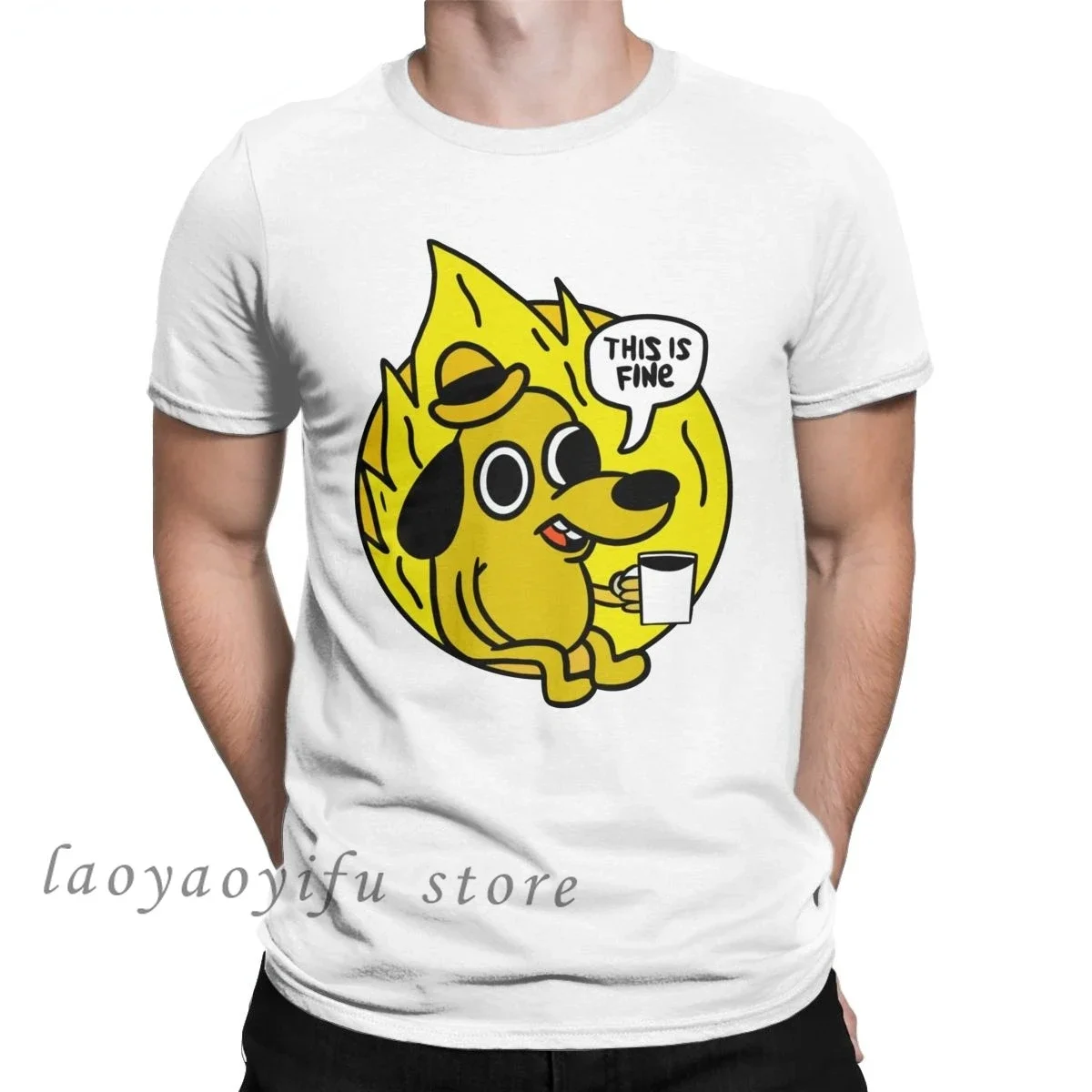 Men Casual T Shirt This Is Fine Meme TShirt for Men Crew Neck Fashion Tops Kawaii Dog Graphic Tees Oversized T Shirt Shirts