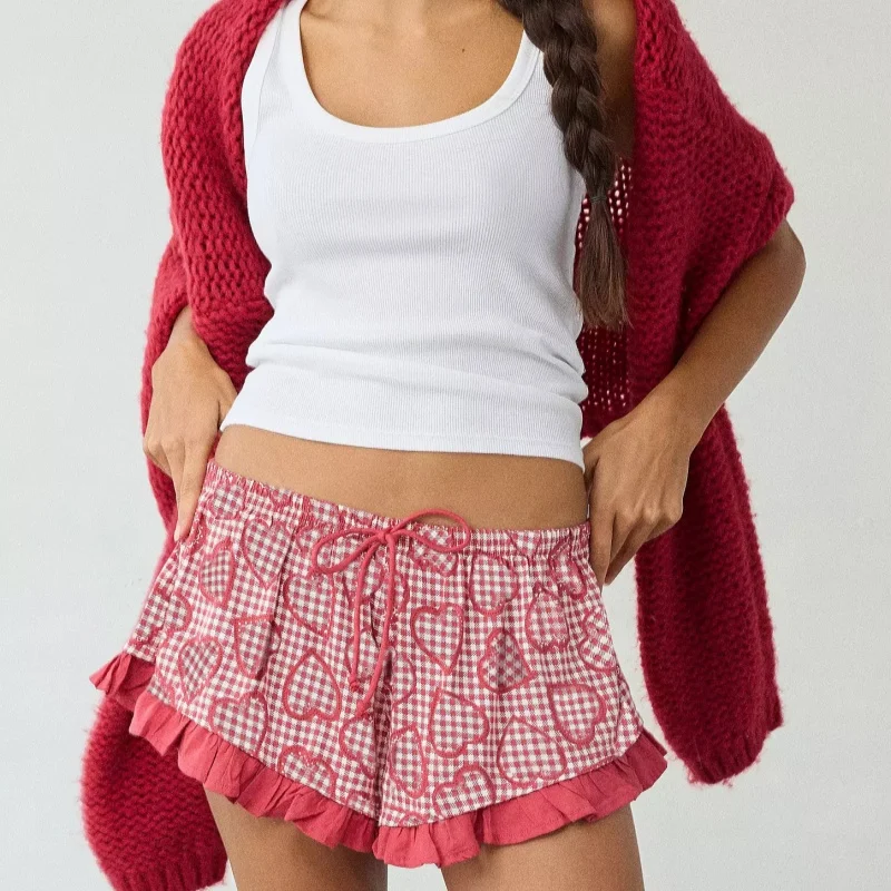 

Женские шорты для дома с принтом в стиле Y2K, милые повседневные пижамные шорты с завязками на талии, сексуальные мини-шорты для сна на День святого Валентина