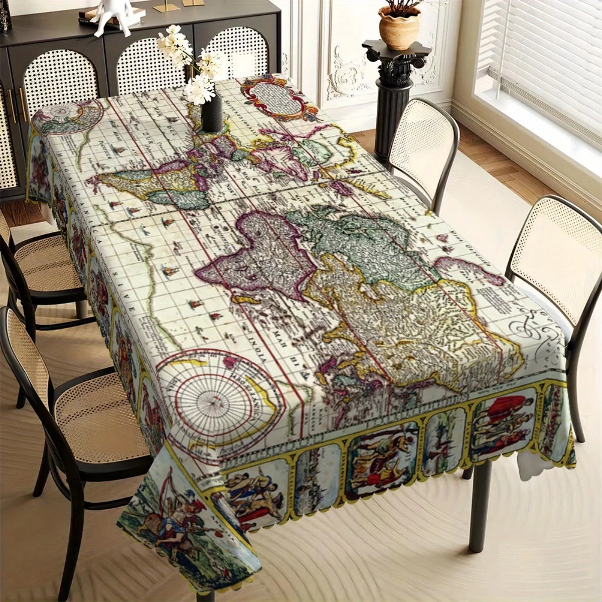 Retro World Explorer Map Tablecloth, Antique Colorful Print, Clean Scalloped Trim, Dirt Resistant, for Kitchen, Party & Study