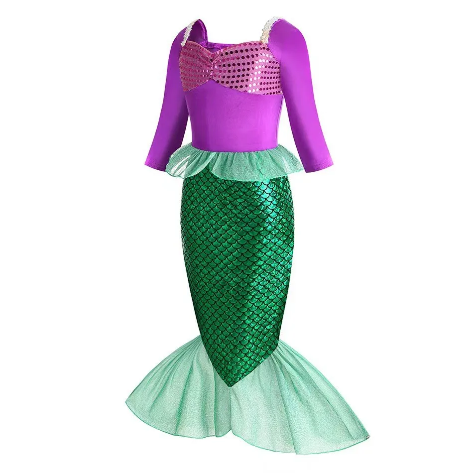 Disney Christmas Holiday Birthday Party Mermaid Princess Same Style Girl Ariel Cosplay Long Sleeve Mermaid Dress Accessory Suit