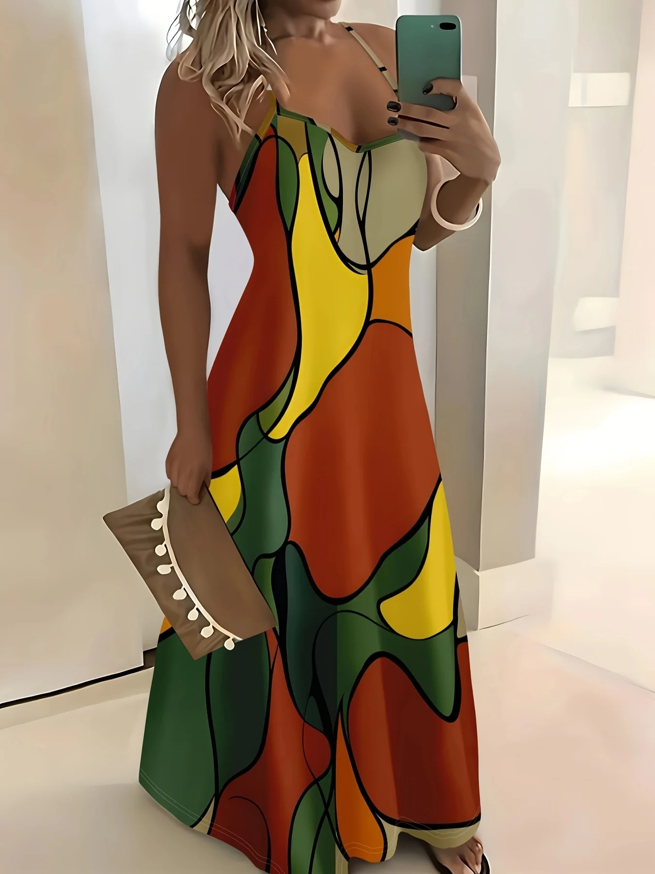 

Платье-слинг с принтом в стиле летних каникул, абстрактным красочным геометрическим узором.