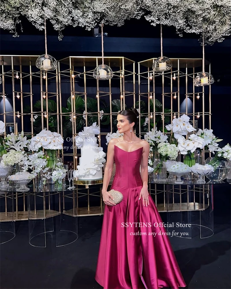 SSYTENS Hot Pink Silk Satin Long Evening Dresses Strapless Floor Length Wedding Prom Gowns Formal Occasions Dresses Customized