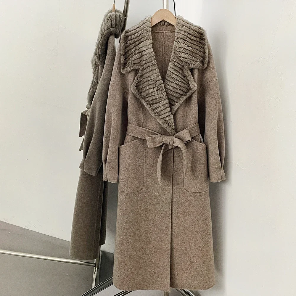 Elegant Fur Collar Woolen Coat Women Belted Long Double Faced outerwear Oversized Real Mink Fur Shawl Collar Jacket New Winter