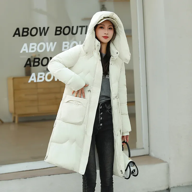 Parka Musim Dingin Tebal Hangat 2025 Mantel Berlapis Kapas Baru dengan Tudung Mantel Wanita Model Panjang Sedang Ramping Modis Mantel Katun Chic