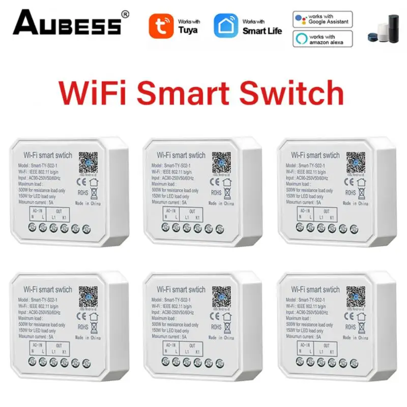 1-5pcs Tuya WiFi Mini Smart DIY Light Switch Module 2 Gang Smart Life APP Remote Control Smart Home Automation Via Alexa Google