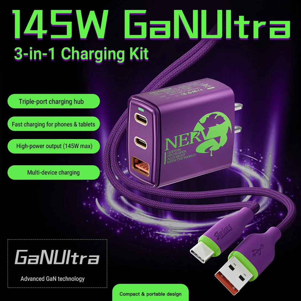 

145W GaN Fast Charger – 2×USB‑C + 1×USB‑A, QC3.0 & PD3.0, Cute Monster Design, Universal for iPhone/Samsung