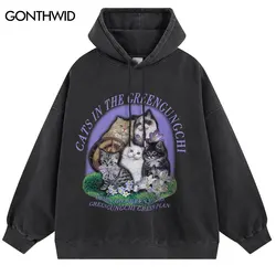 Vintage Hoodie Streetwear Hip Hop Retro Cats Print Hooded Sweatshirt Men Women Fashion Harajuku Casual Cotton Loose Pullover