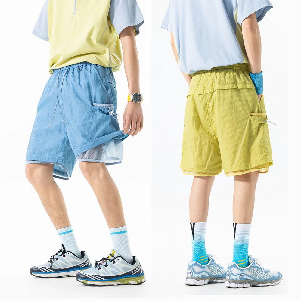 

Мужские и женские спортивные шорты для бега и фитнеса, быстросохнущие, двухслойные, свободного кроя, складные, карго, летние, уличный стиль