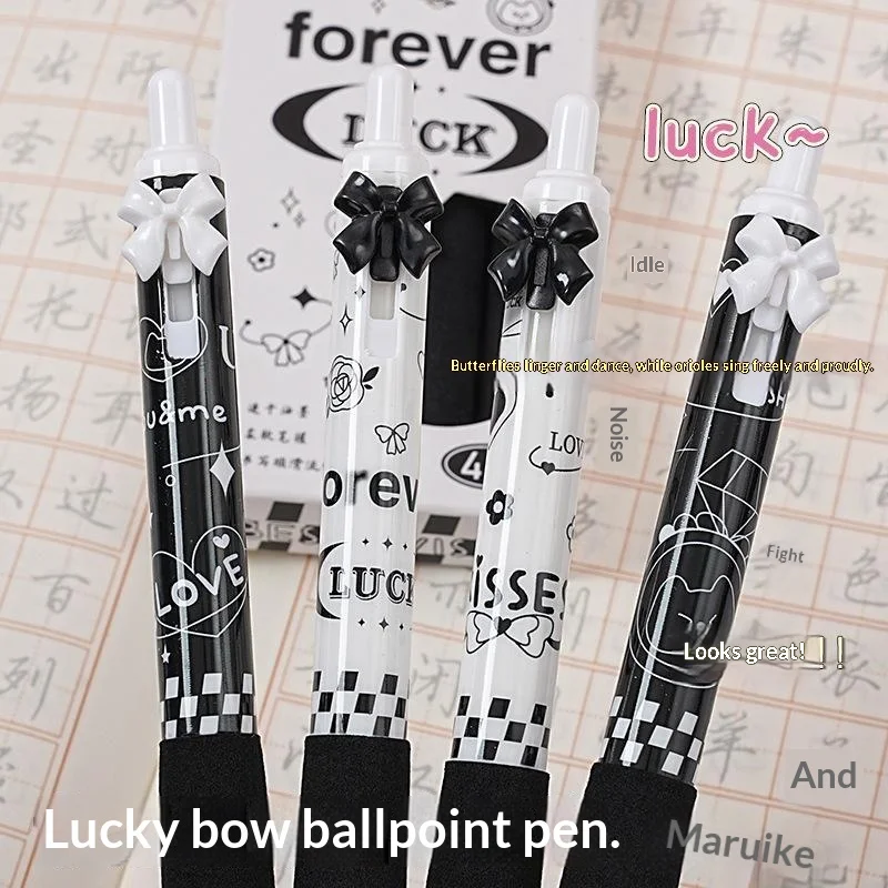 4Pcs Black And White Bow Press Pen Soft Grip Super High Value 0.5mm Brush Question Quick Drying Press Cartoon Neutral Pen-F(x)