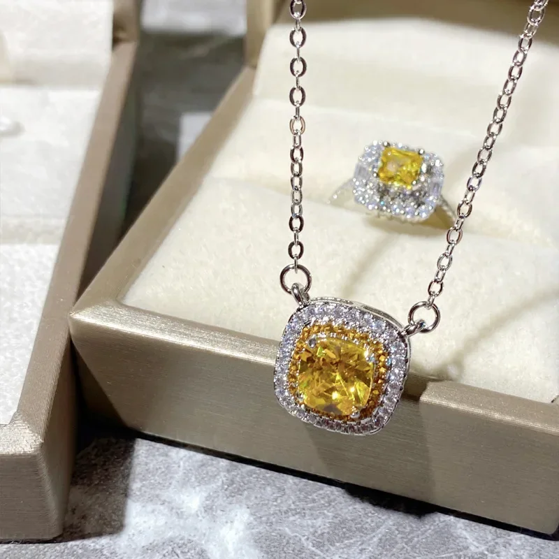 MDL مويسانيتي نمط كلاسيكي الحد الأدنى موضة تحسس مجموعة مطلية بالذهب مربع الوردي زركونيا خاتم وقلادة #3