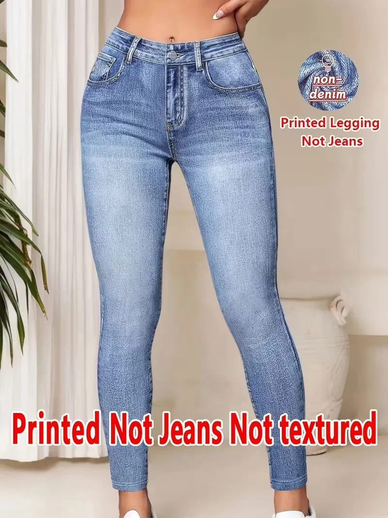 Women Printed Leggings Not Denim Fabric, Fake Pocket & Button Print Design Pants, High Elastic Fashion Slim Fit Skinny Casual