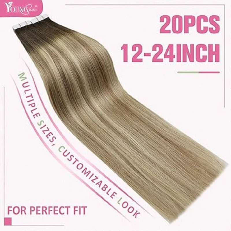 YoungSee Tape In Remy-Haarverlängerungen, gerade, nahtloser Hautschuss, Balayage-Farbe, 30,5–61 cm