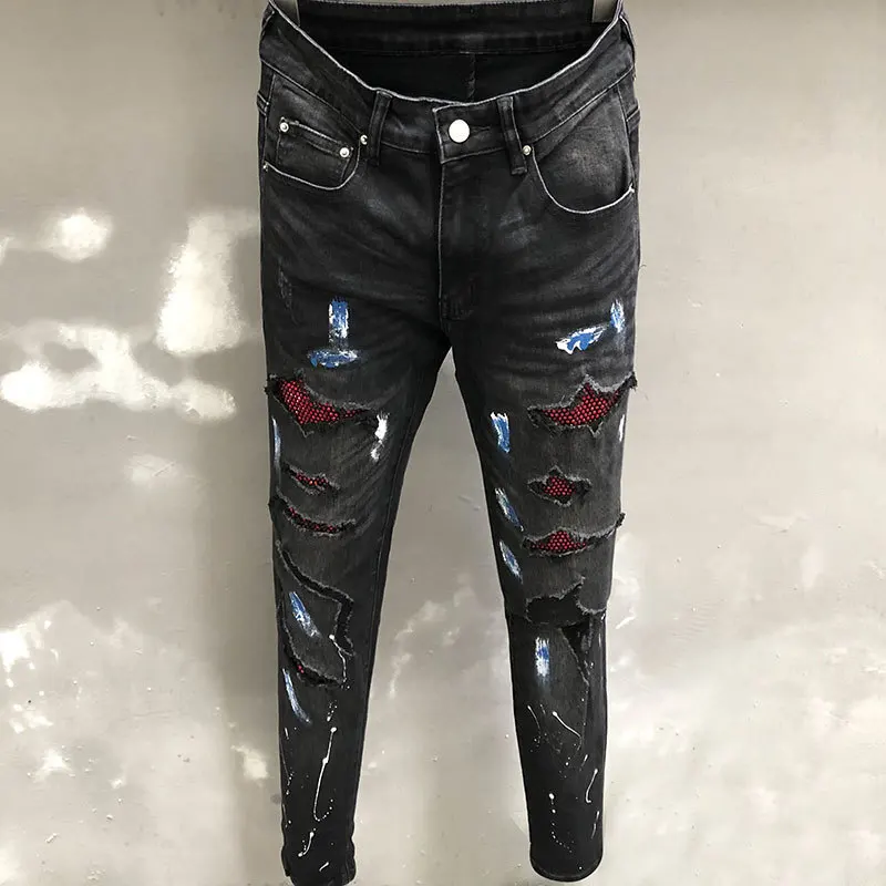 Trend Ripped Jean Stacked Jean High Street Hole Spijkerbroeken Heren Biker Pant Jeans Homme Marque De Red Rhinestones Jeans Men