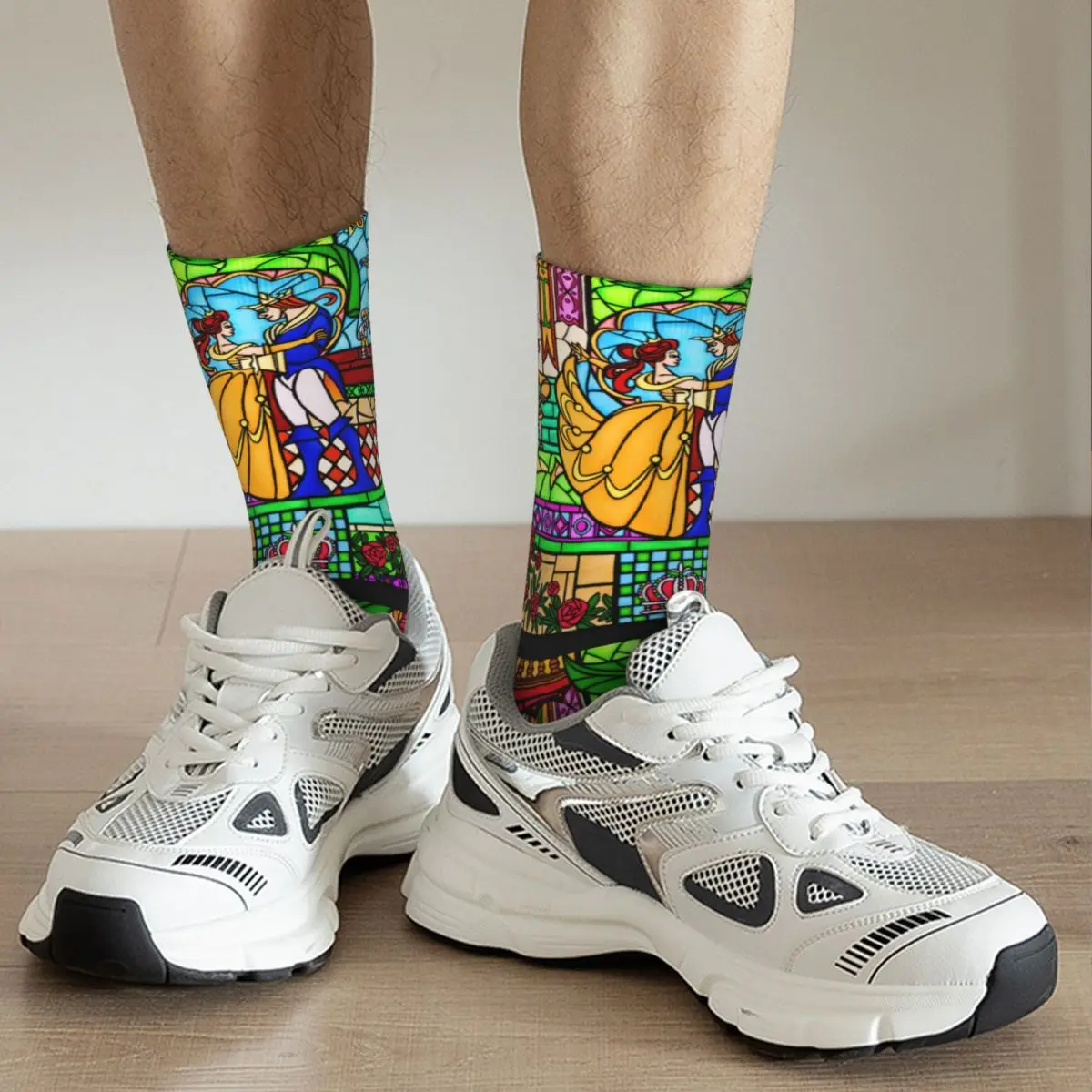 Casual Beauty And The Beast Stained Glass Soccer Socks New Polyester Long Socks for Women Men