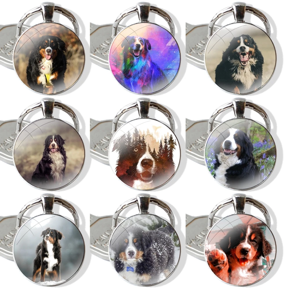 Keychain Handmade Glass Cabochon Key Ring Holder Pendant Key Chains Animal Bernese Mountain Dog