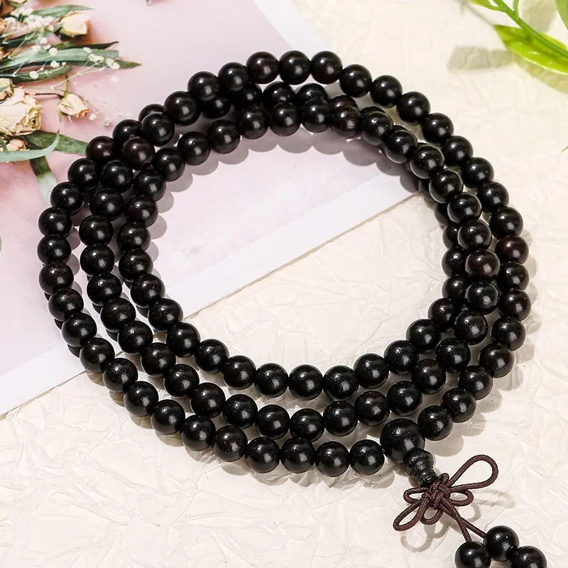 JD 6 8mm Natural Black Sandalwood Buddhist Buddha Bracelet Women Men 108 Wood Prayer Bead Mala Meditation Bangles Jewelry Bijoux