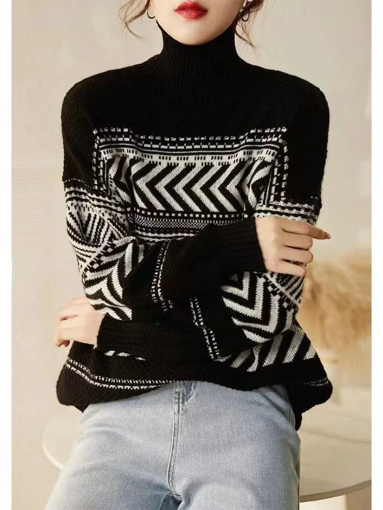 2024 Autumn/Winter Fashion New Elegant Korean Women's Knitted Hoodie Striped Color blocked Warm High Collar Long Sleeve Sweater