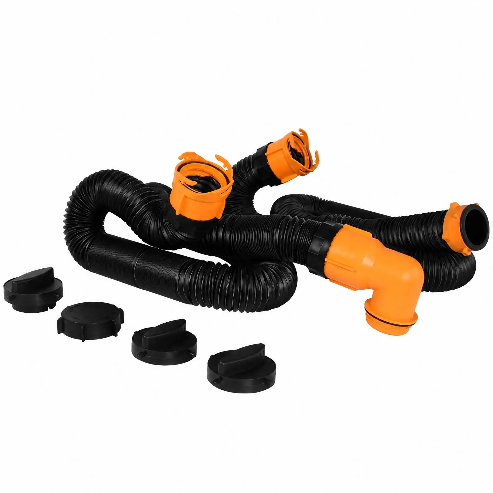 RV Wastewater Drain Hose Extension with Orange Connectors for Motorhome Sewage Tank and Camping Use