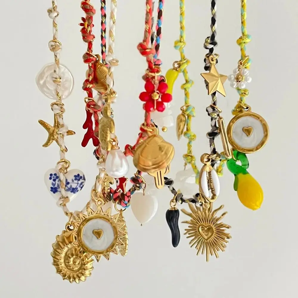 Moda cobre DIY anudado cuerda cadena perla acento colorido estrella de mar colgante collar estilo dopamina playa collar regalo