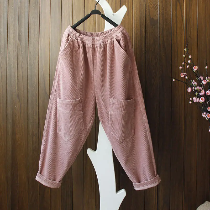 2024 New Arrival Autumn Women Pockets Patchwork Cotton Corduroy Ankle-length Pants Casual Loose  Elastic Waist Harem Pants P29