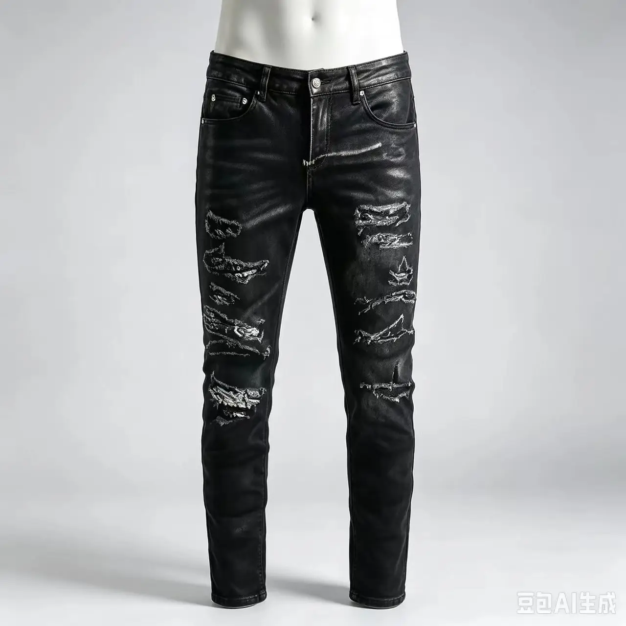 Y2K Designer Stretch Slim Fit Denim Jeans Perforated Cashew Flower Patch Washed Nostalgic Retro Black Jeans for Men