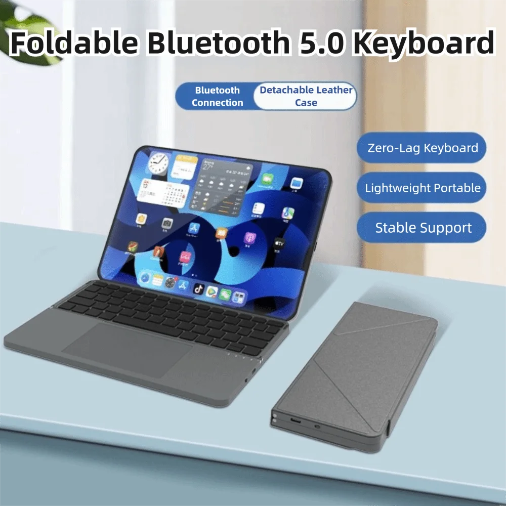 

Folding Bluetooth Keyboard with Touchpad Wireless Foldable Keyboard PC Phone Holder PU Leather for iOS/Android/Windows/Mac