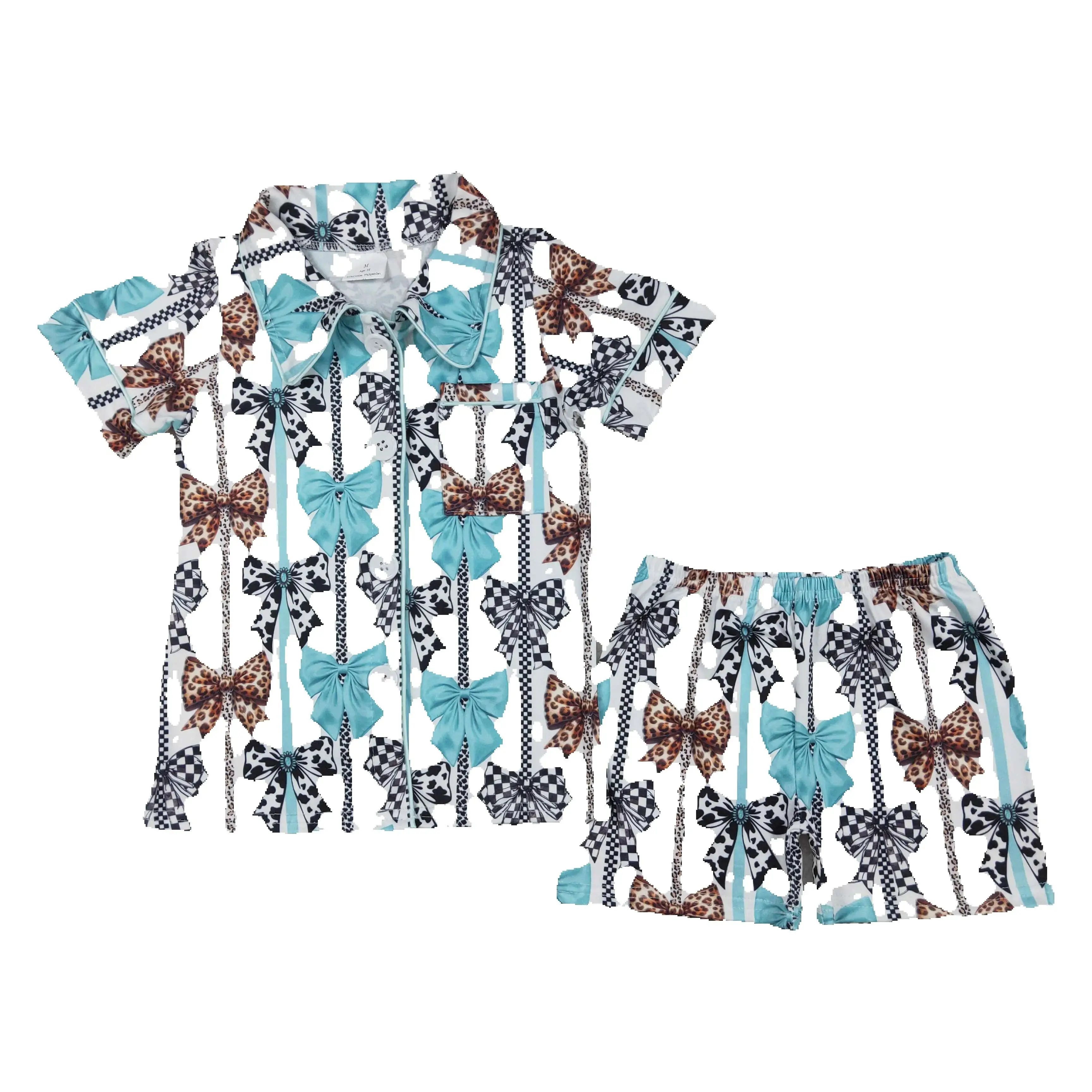 

GSSO1858 Baby Girls Western Bows Stripes Buttons Shirts Shorts Pajamas Clothes Sets
