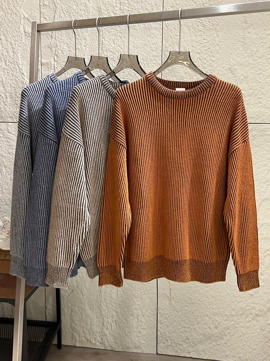 

Laoqian Lazy Style Knitted Sweater round Neck Loose Fit Men's Retro Versatile Wool Blend Autumn Winter Fashion Casual Wear