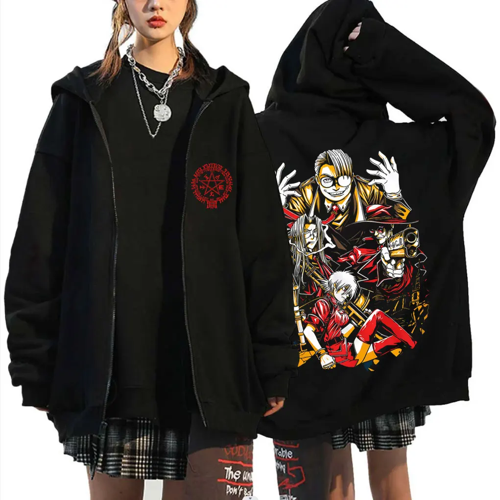

Anime Hellsing Abraham Van Helsing Vampire Alucard Graphic Zipper Hoodie Men Women Cartoon Manga Merch Oversized Zip Up Jacket