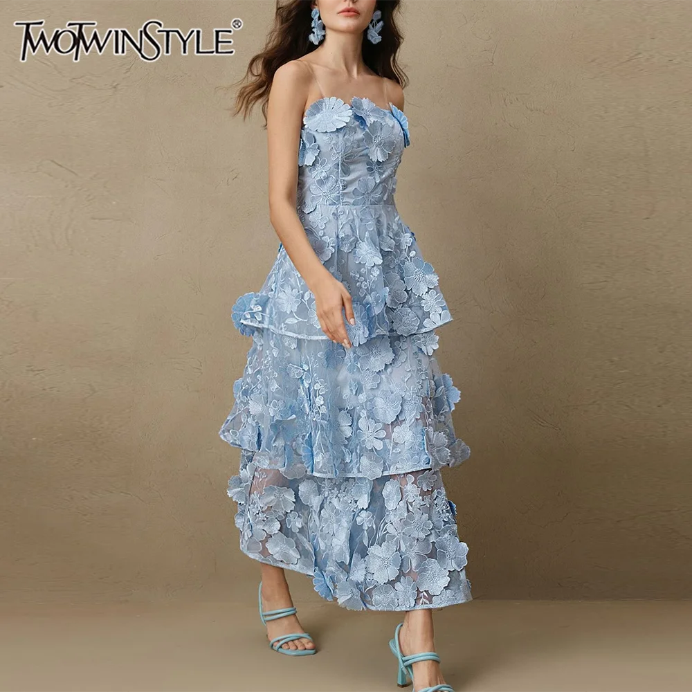 

TWOTWINSTYLE Hti Color Patchwork Appliques Chic Dresses For Women Strapless High Waist Temperament Slim Dress Female