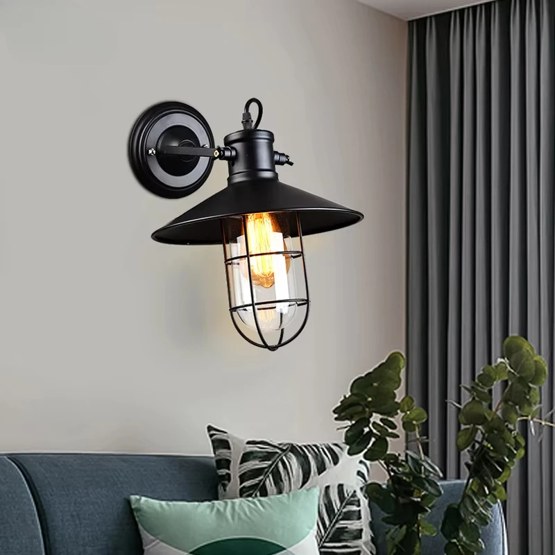 Indoor Lighting E27 LED Wall Lights Vintage Wall Lamp Iron Cage Glass Lampshade Black Bra/Living Room/Coffee Shop