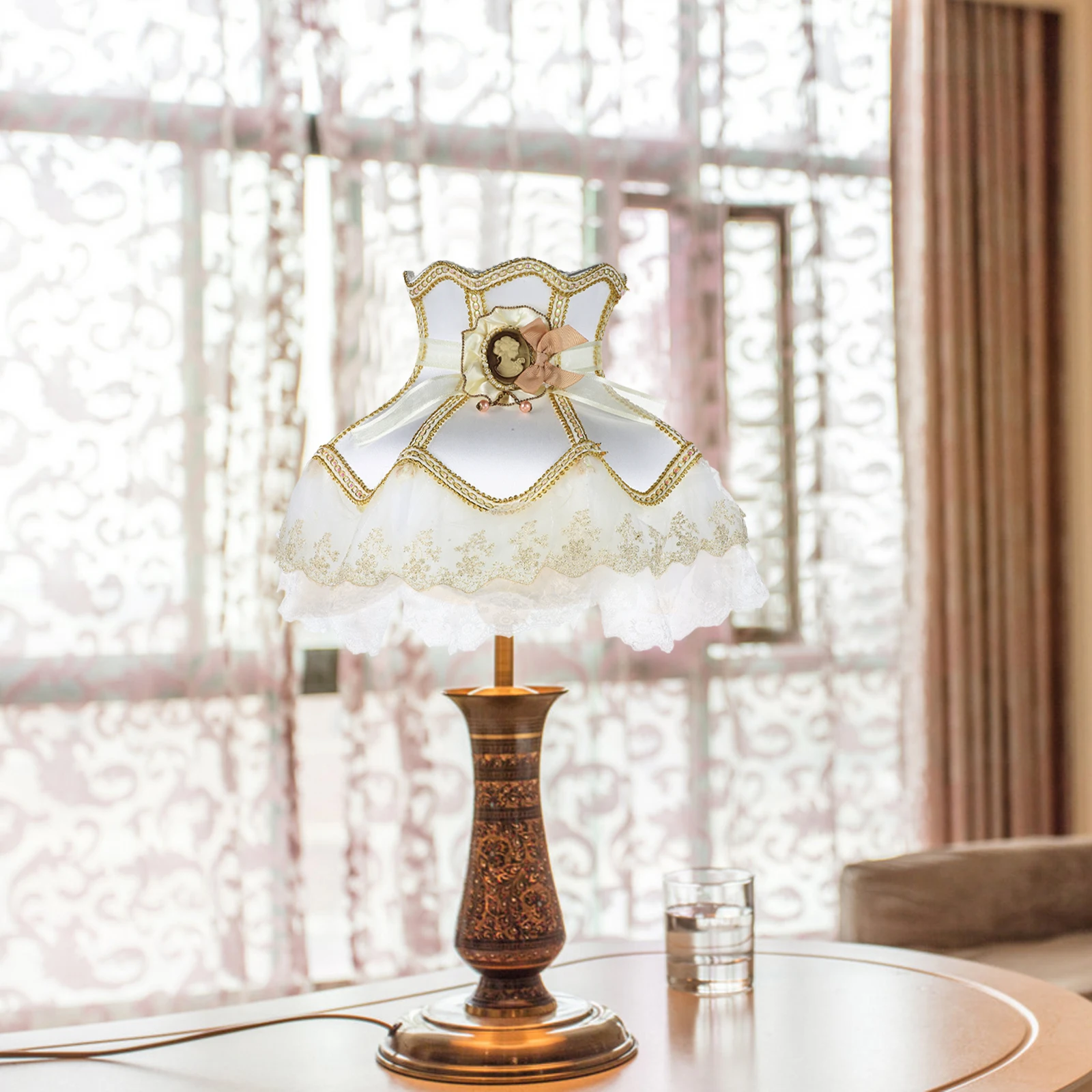 

1pc Lampshade Lace Fabric Chandelier Cover Floral Print Vintage Fringe Soft Light Diffuser Table Floor Lamp Compatible Elegant