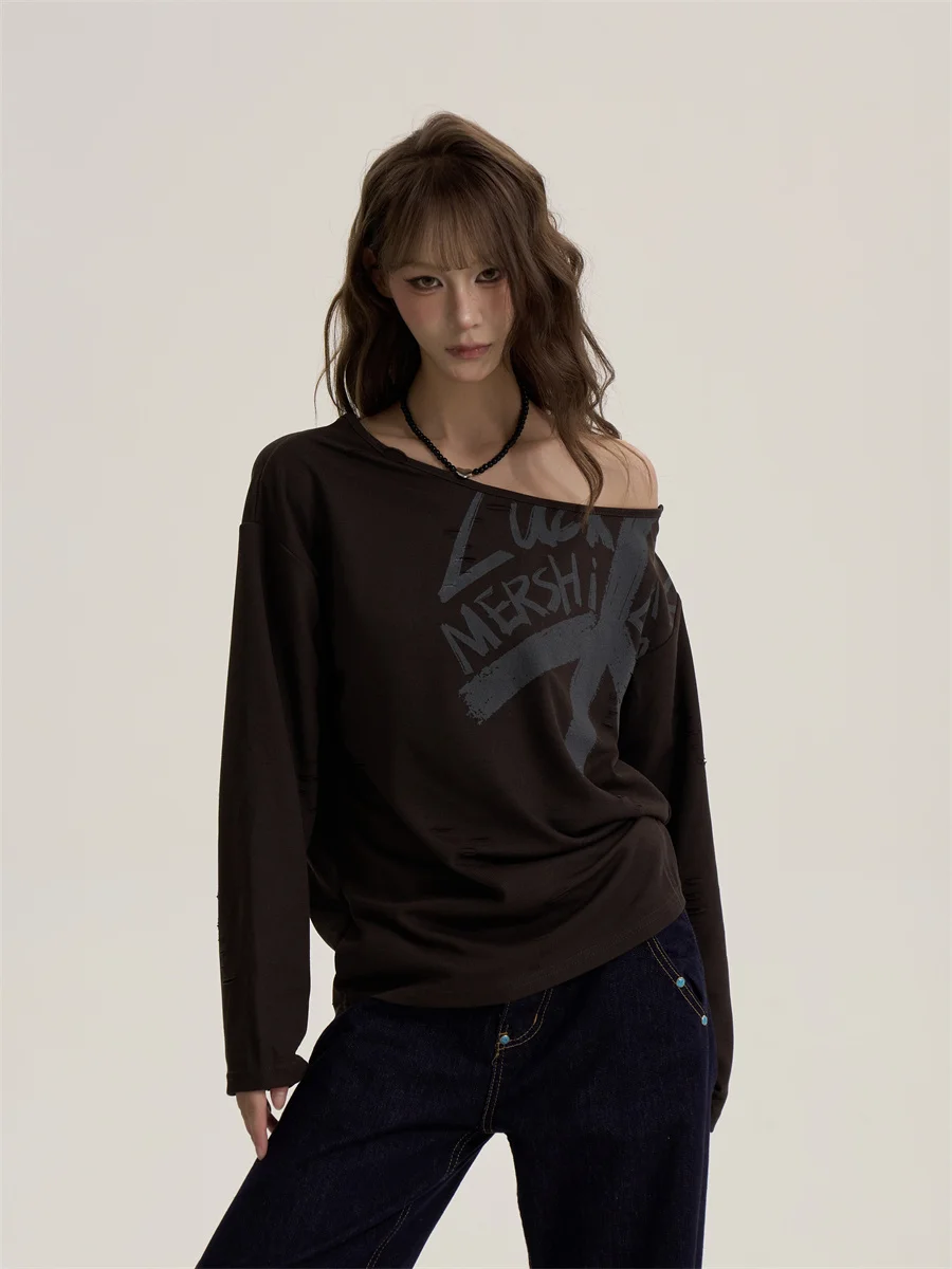 

Retro American Spicy Girl Print Asymmetrical oulder Long Sve T-irt Women's Loose Slimming Versatile Top for Autumn
