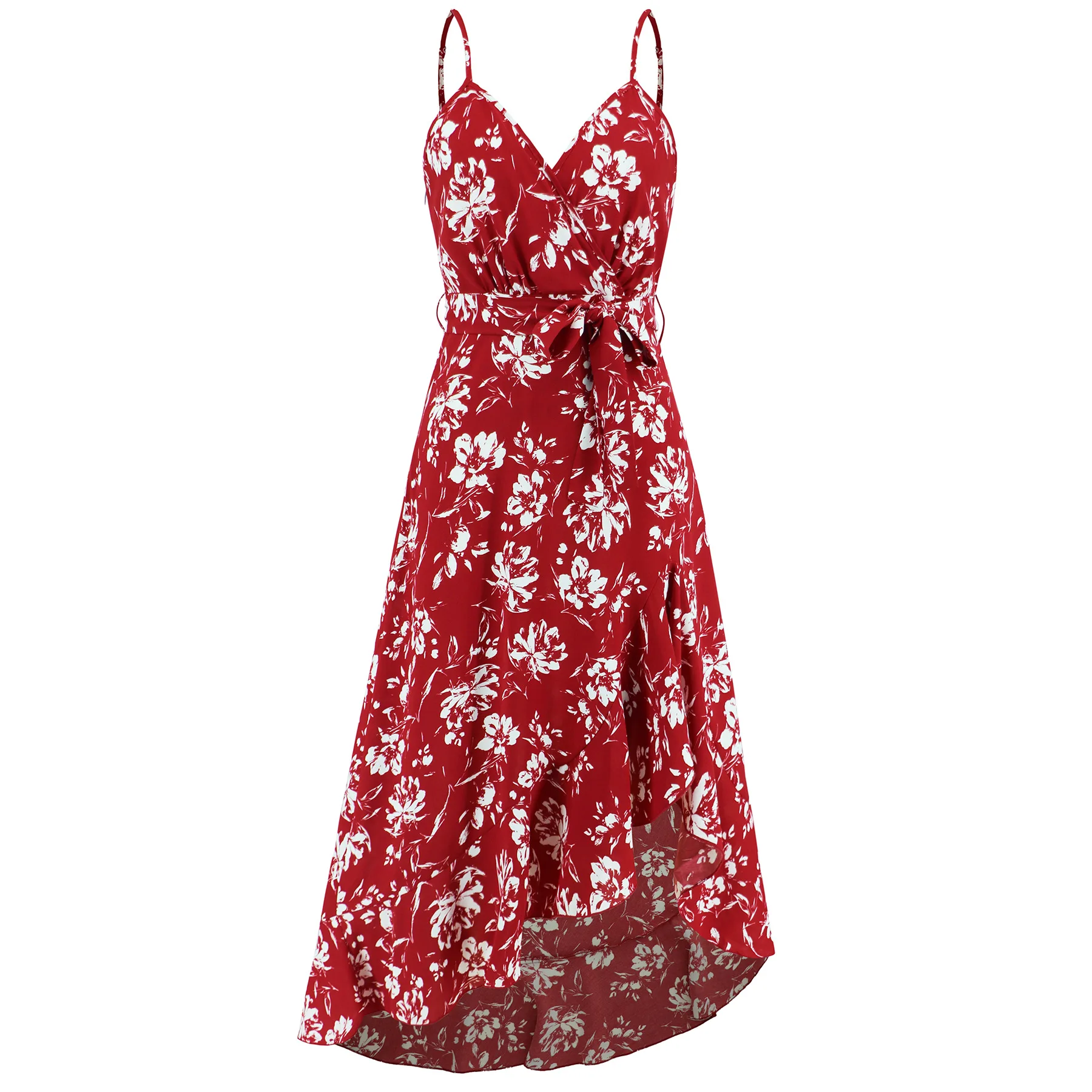 Camisola Sexy de alta calidad para mujer, vestido con cinturón Irregular, camisola Floral, Vestido de playa con borde con volantes, Vestidos Elegantes