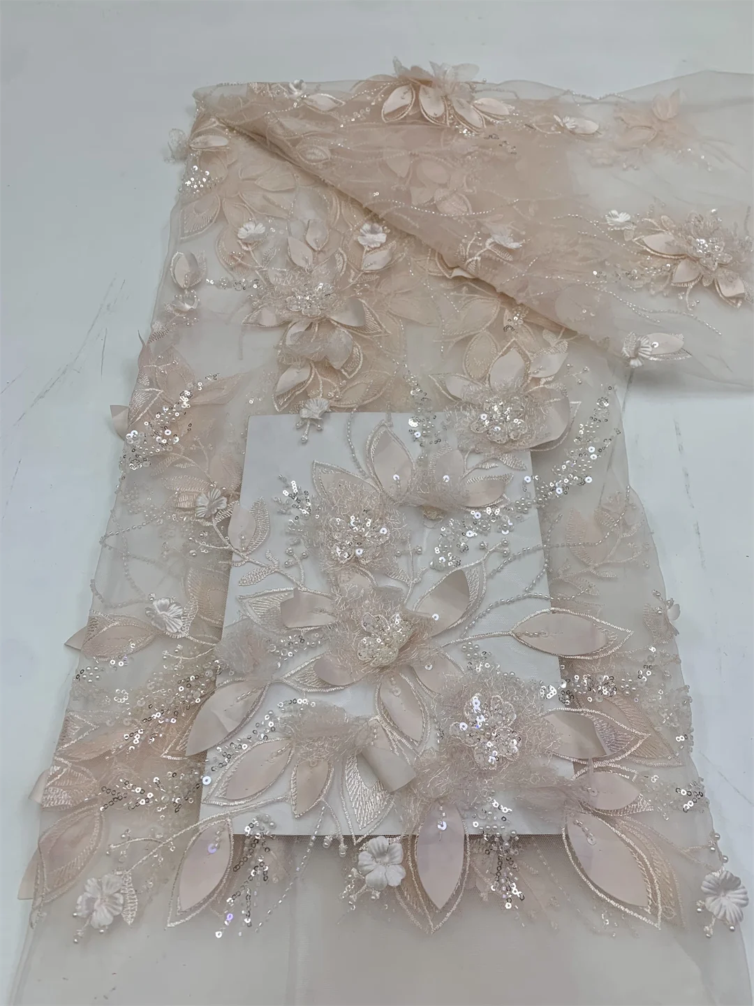 3D Floral African Beaded Lace Fabric 2026 High-Quality Nigerian French Sequined Lace Suitable for Women's Wedding Party Dresses