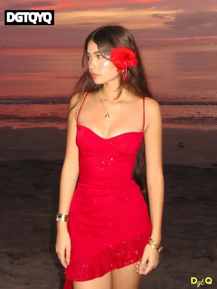 Elegant Solid Slim Mini Dress Woman Sexy Lace Straps Slips Ruffles Backless Patchwork Dresses 2026 New Party Vacation Vestidos