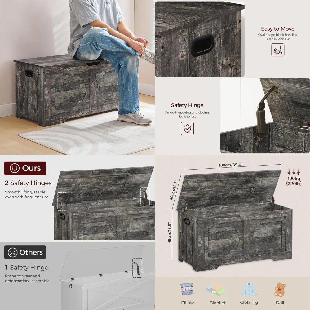 

Vintage Gray Storage Chest, 39.4 Shoe and Toy Box, Entryway Bench with 2 Hinges, Living Room Furniture SCRP2001