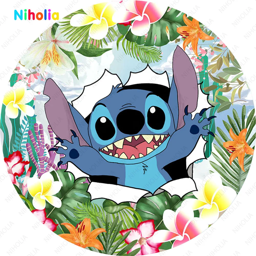 Disney Lilo & Stitch Bacdrops Round Cover For Girl Or  Boy Happy Birthday Photography Backgrounds Baby Show Decor Photo Studio