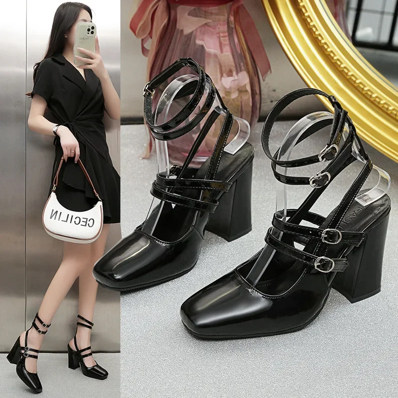 

Новинка 202, летние женские босоножки на высоком каблуке с пряжкой, модные женские босоножки на толстом каблуке с квадратной головкой в Европе и США