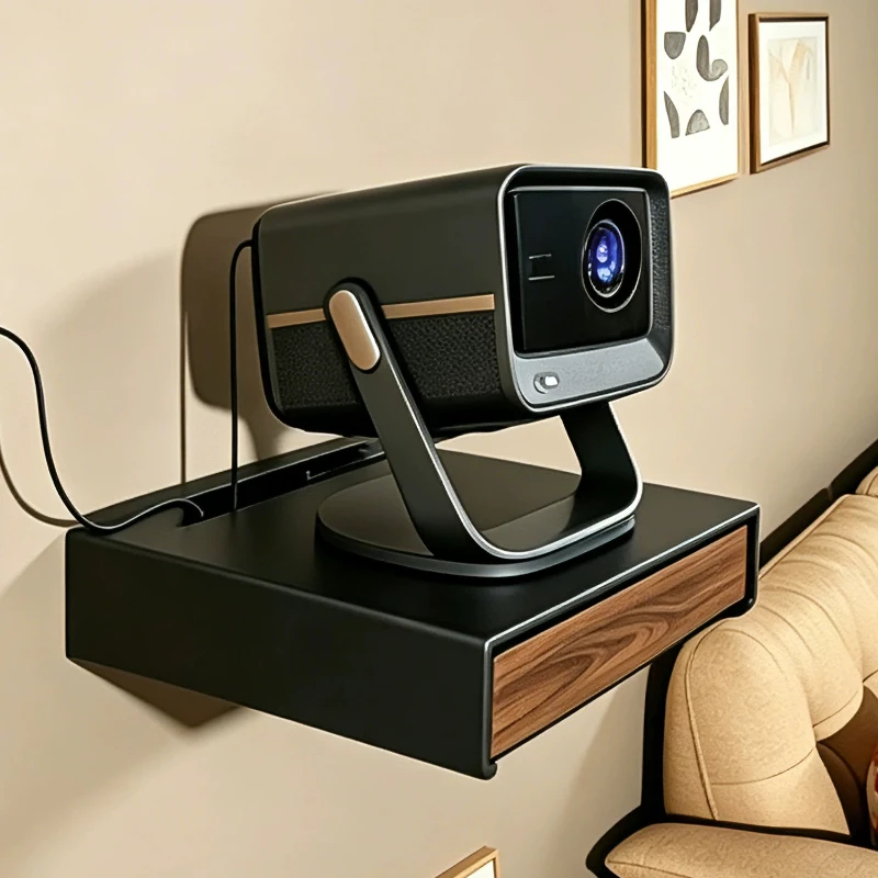 Wall Mounted Projector Shelf with Hidden Drawer,Solid Wood Floating Rack for Background Wall,Space-Saving Home Theater Organizer