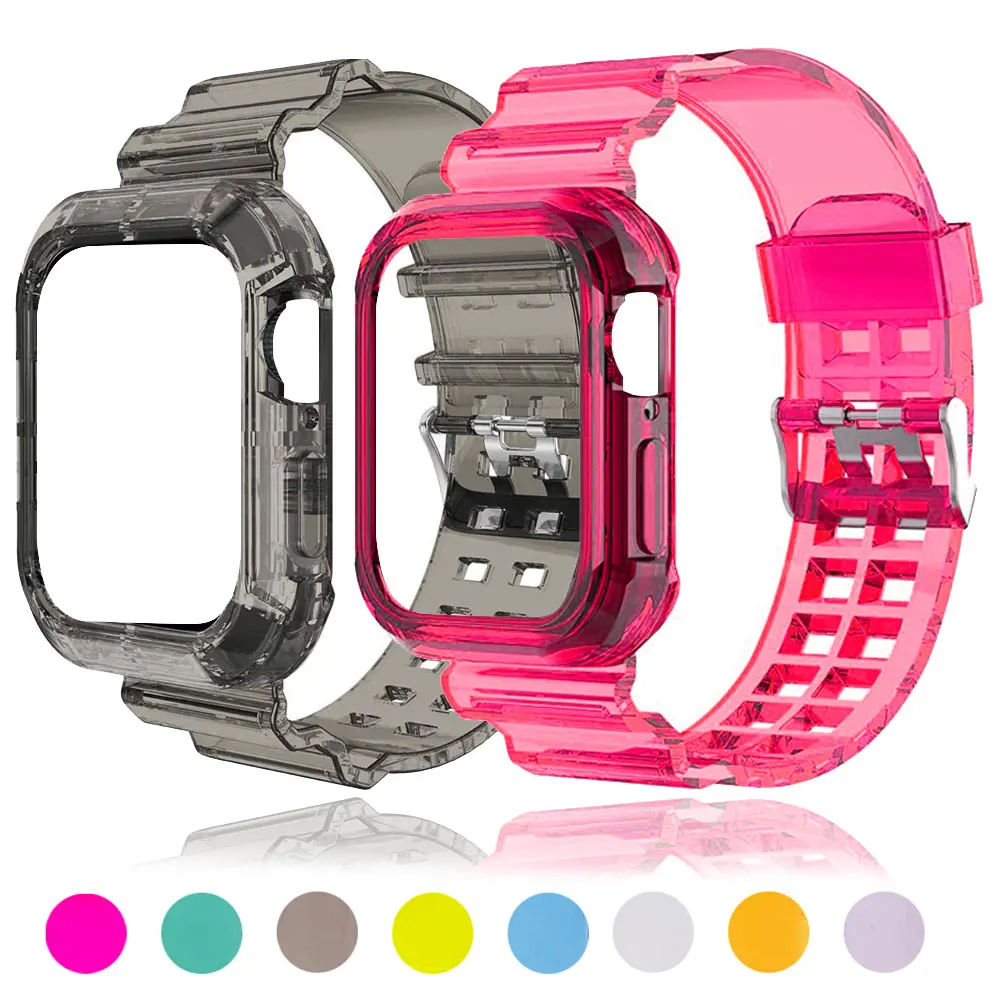 Clear Band +Case for Apple Watch 49mm 45mm 44mm 42mm 41mm 38mm 40mm Transparent iwatch Ultra Series 8 7 6 SE 5 4 3 Plastic Strap