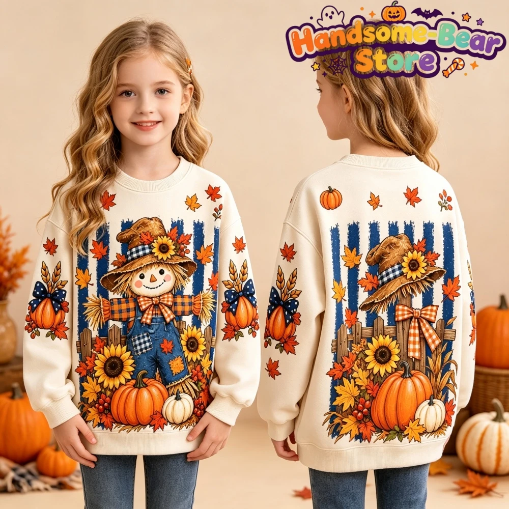 Halloween-Sweatshirts für Mädchen, Kürbis-Print, klassischer, lässiger Pullover, Kapuzenpullover, ideal für Urlaub und Ausflüge, langärmlige Kinderkleidung. – Detail 3