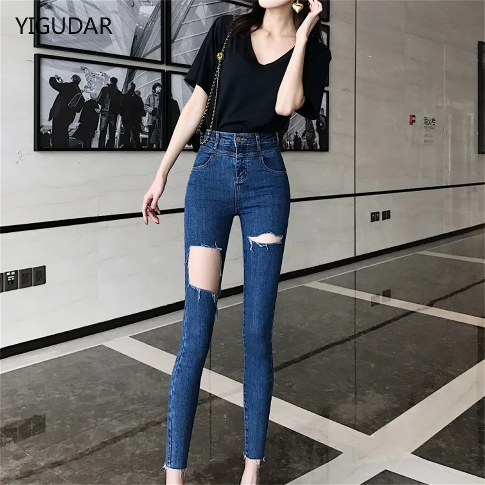 

Light Blue Ripped Jeans for Women Street Style Sexy Mid Rise Distressed Trouser Stretch Skinny Hole Denim Pencil Pants