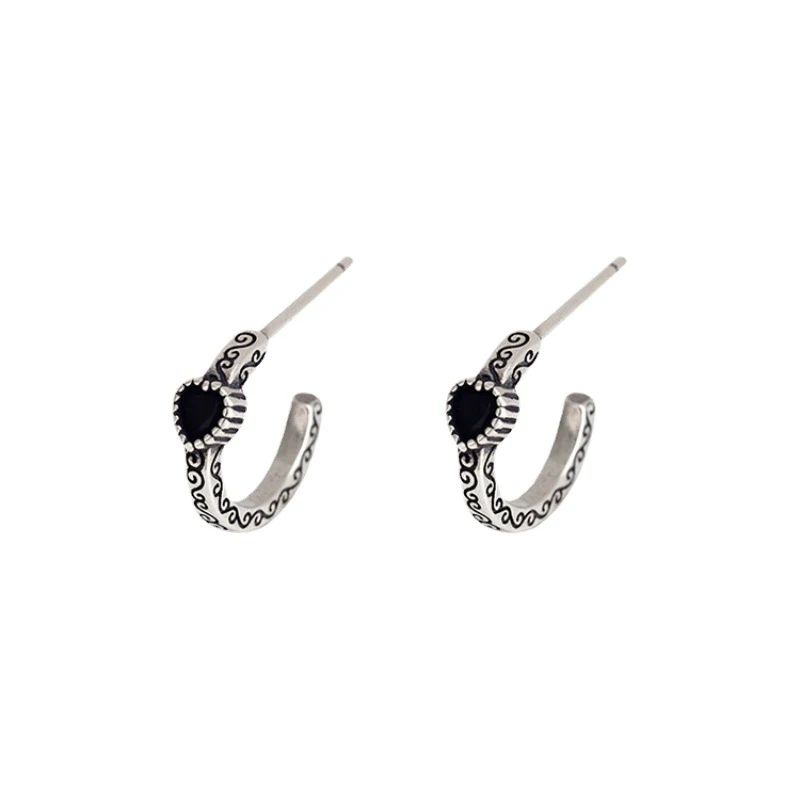 Foxanry Black Zircon Love Heart Stud Earrings For Women Girls Vintage Trendy Personality Temperament Hip Hop Birthday Jewelry