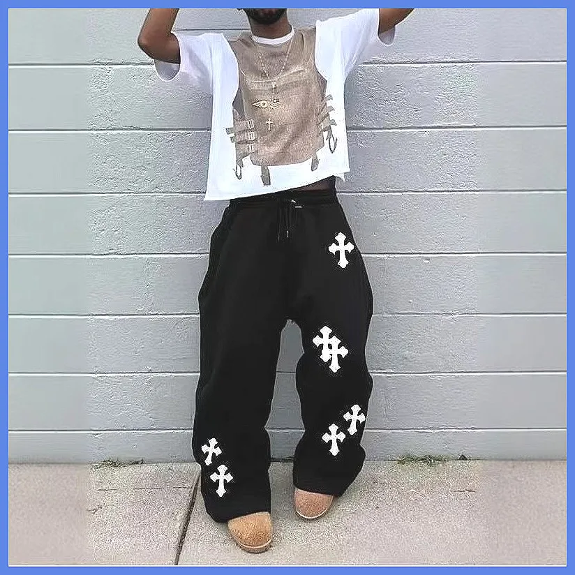 Men's Gothic Graphic Wide Leg Sweatpants Drawstring Loose Y2K Dark Punk Streetwear Baggy Oversized Vintage Casual Jogger