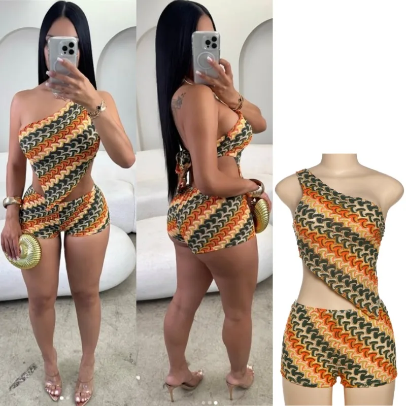

FAGADOER sexy knitting bodycon two piece outfits woman color block off showlder crop top + Shorts Matching female streetwear new