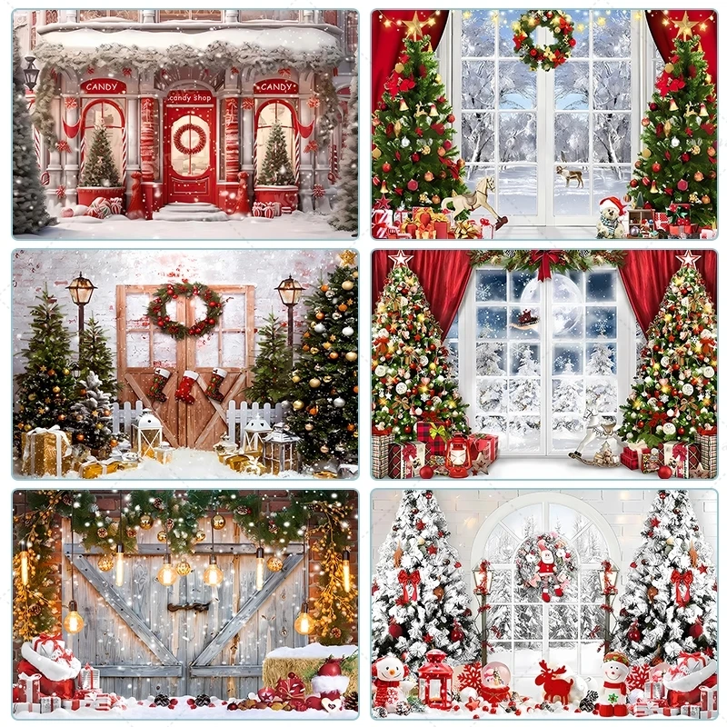 Christmas Backdrop Xmas Tree Fireplace Window Gifts Santa Claus Brick Wall Winter Adult Family Party Baby Photography Background