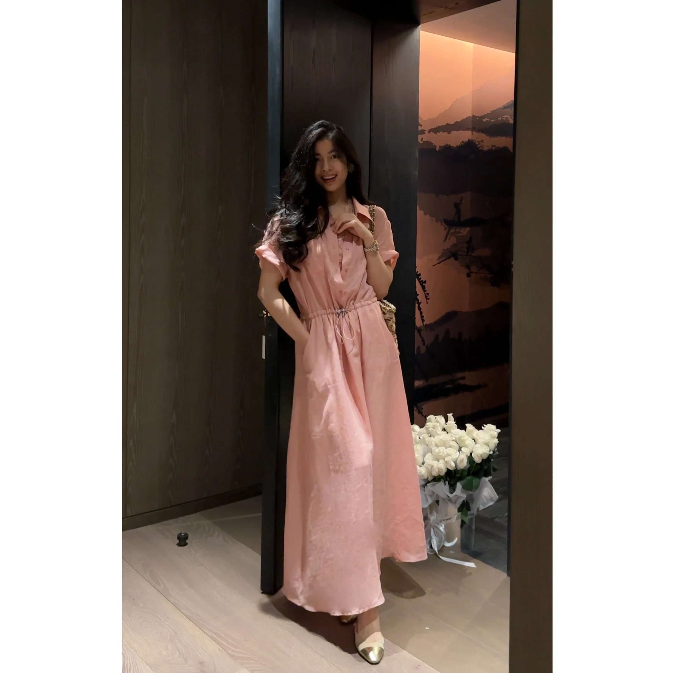 

NCOU Nicole 2025 Summer New Sle Ele High-End Commute Design Dstring Waist Flax Dr with Inner Wear Hanfu Women's C...