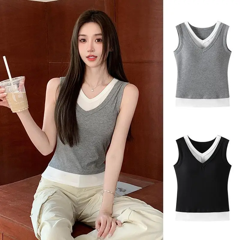 カラーブロック Vネック タンクトップ レディース 春夏 着痩せ インナー 胸パッド付き アウター ベースシャツ ノースリーブ