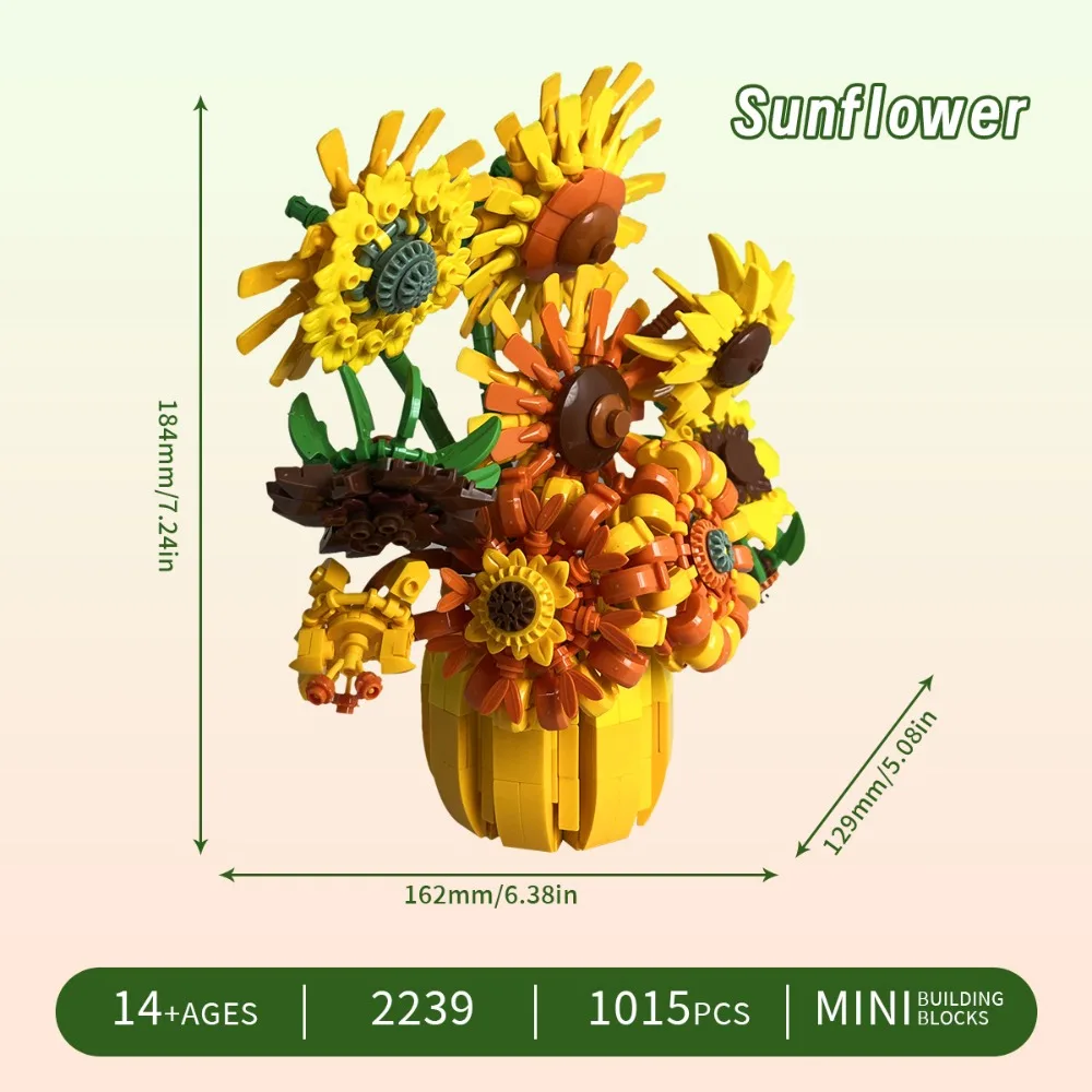 Building Block Simulated Rose Bouquet Assembly Model Desktop Vase Sunflower Decorative Piece Toy Birthday Gift